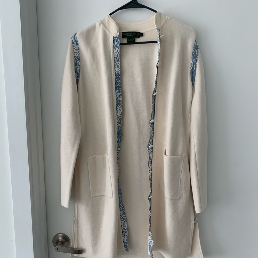 Cream Open Front Cardigan with Blue Accents